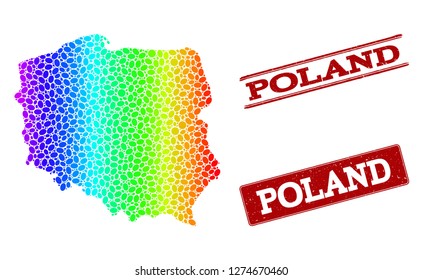 Spectrum dotted map of Poland and red grunge stamps. Vector geographic map in bright spectrum gradient colors on a white background.