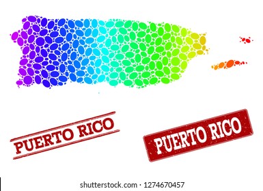 Spectrum dotted map of Puerto Rico and red grunge stamps. Vector geographic map in bright spectrum gradient colors on a white background.