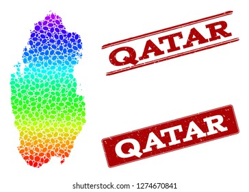 Spectrum dotted map of Qatar and red grunge stamps. Vector geographic map in bright spectrum gradient colors on a white background.