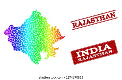 Spectrum dotted map of Rajasthan State and red grunge stamps. Vector geographic map in bright spectrum gradient colors on a white background.