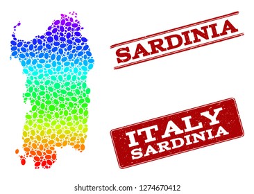 Spectrum dotted map of Sardinia region and red grunge stamps. Vector geographic map in bright spectrum gradient colors on a white background.