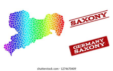 Spectrum dotted map of Saxony State and red grunge stamps. Vector geographic map in bright spectrum gradient colors on a white background.