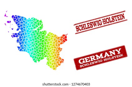 Spectrum dotted map of Schleswig-Holstein State and red grunge stamps. Vector geographic map in bright spectrum gradient colors on a white background.