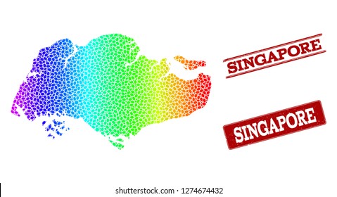 Spectrum dotted map of Singapore and red grunge stamps. Vector geographic map in bright spectrum gradient colors on a white background.