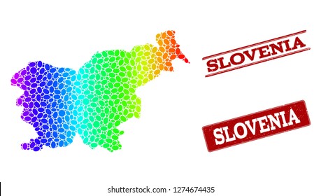 Spectrum dotted map of Slovenia and red grunge stamps. Vector geographic map in bright spectrum gradient colors on a white background.