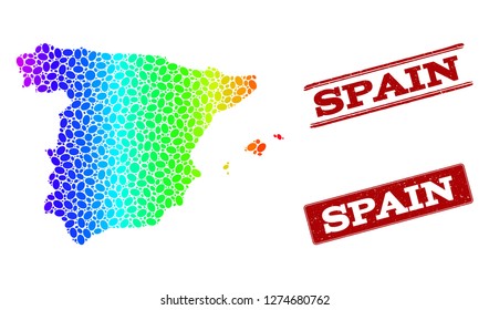 Spectrum dotted map of Spain and red grunge stamps. Vector geographic map in bright spectrum gradient colors on a white background.