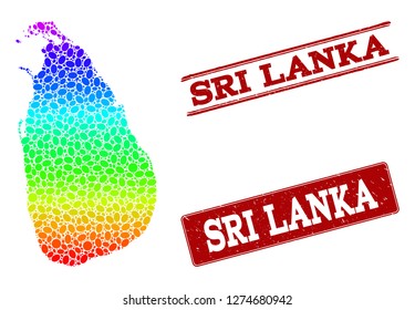 Spectrum dotted map of Sri Lanka and red grunge stamps. Vector geographic map in bright spectrum gradient colors on a white background.