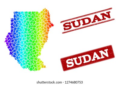 Spectrum dotted map of Sudan and red grunge stamps. Vector geographic map in bright spectrum gradient colors on a white background.