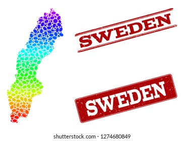 Spectrum dotted map of Sweden and red grunge stamps. Vector geographic map in bright spectrum gradient colors on a white background.