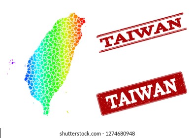 Spectrum dotted map of Taiwan and red grunge stamps. Vector geographic map in bright spectrum gradient colors on a white background.