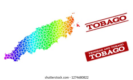 Spectrum dotted map of Tobago Island and red grunge stamps. Vector geographic map in bright spectrum gradient colors on a white background.