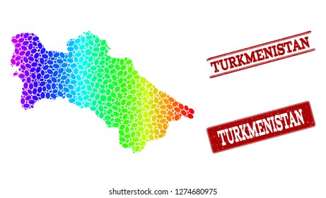 Spectrum dotted map of Turkmenistan and red grunge stamps. Vector geographic map in bright spectrum gradient colors on a white background.