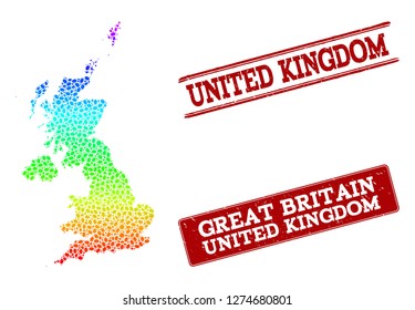 Spectrum dotted map of United Kingdom and red grunge stamps. Vector geographic map in bright spectrum gradient colors on a white background.