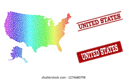 Spectrum dotted map of USA and Alaska and red grunge stamps. Vector geographic map in bright spectrum gradient colors on a white background.