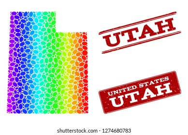 Spectrum dotted map of Utah State and red grunge stamps. Vector geographic map in bright spectrum gradient colors on a white background.