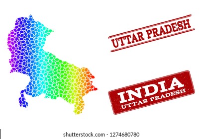 Spectrum dotted map of Uttar Pradesh State and red grunge stamps. Vector geographic map in bright spectrum gradient colors on a white background.