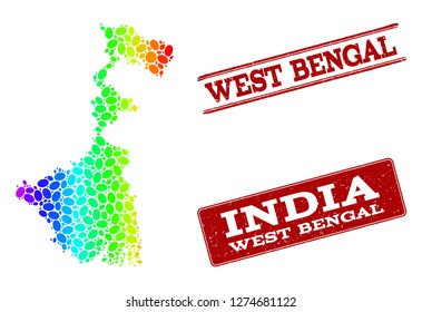 Spectrum dotted map of West Bengal State and red grunge stamps. Vector geographic map in bright spectrum gradient colors on a white background.