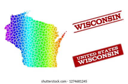 Spectrum dotted map of Wisconsin State and red grunge stamps. Vector geographic map in bright spectrum gradient colors on a white background.