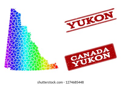 Spectrum dotted map of Yukon Province and red grunge stamps. Vector geographic map in bright spectrum gradient colors on a white background.