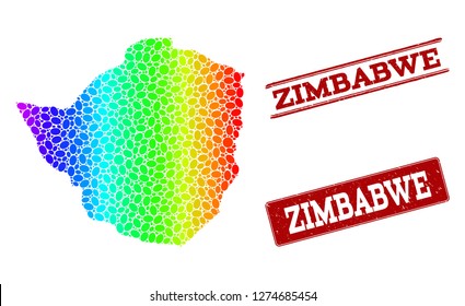 Spectrum dotted map of Zimbabwe and red grunge stamps. Vector geographic map in bright spectrum gradient colors on a white background.