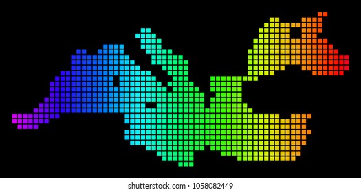 Spectrum dotted Mediterranean Sea Map. Vector geographic map in bright colors on a black background. Color vector composition of Mediterranean Sea Map designed of square elements.