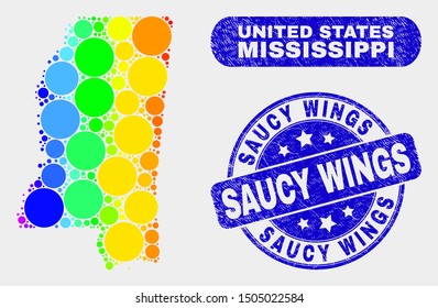 Spectrum dotted Mississippi State map and seal stamps. Blue round Saucy Wings grunge seal stamp. Gradiented rainbow colored Mississippi State map mosaic of randomized small spheres.