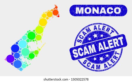 Spectrum dotted Monaco map and stamps. Blue round Scam Alert distress seal stamp. Gradiented spectrum Monaco map mosaic of randomized spheric dots. Scam Alert seal stamp with grunge texture.
