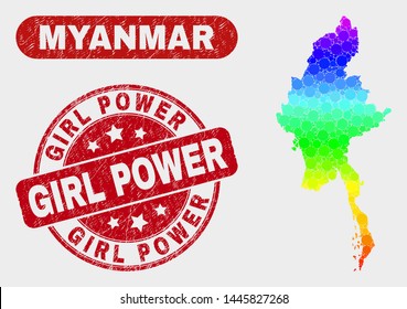 Spectrum dotted Myanmar map and seal stamps. Red round Girl Power distress seal. Gradient spectrum Myanmar map mosaic of randomized small spheres. Girl Power watermark with distress surface.