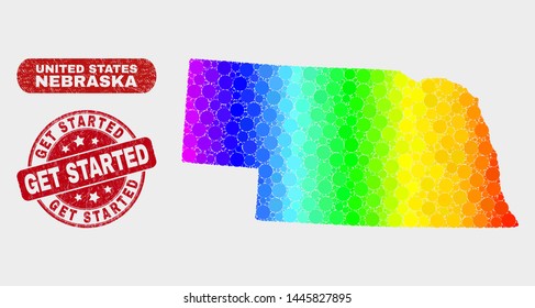 Spectrum dotted Nebraska State map and stamps. Red round Get Started scratched watermark. Gradient rainbow colored Nebraska State map mosaic of random round elements.
