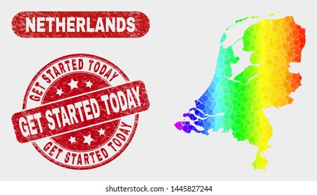 Spectrum dotted Netherlands map and seal stamps. Red round Get Started Today scratched seal stamp. Gradient spectrum Netherlands map mosaic of random small spheres.