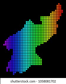 Spectrum dotted North Korea Map. Vector geographic map in bright colors on a black background. Color vector mosaic of North Korea Map done of square elements.