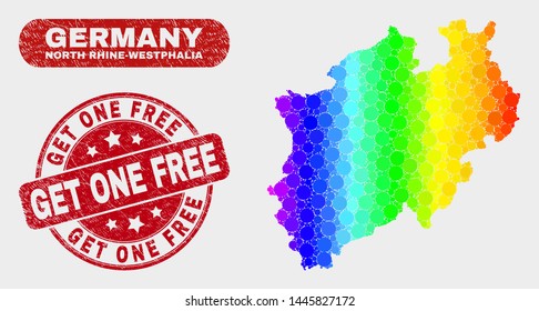 Spectrum dotted North Rhine-Westphalia Land map and watermarks. Red round Get One Free scratched seal. Gradient spectrum North Rhine-Westphalia Land map mosaic of scattered round dots.