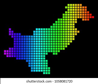 Spectrum dotted Pakistan Map. Vector geographic map in bright colors on a black background. Colorful vector concept of Pakistan Map combined of square dots.