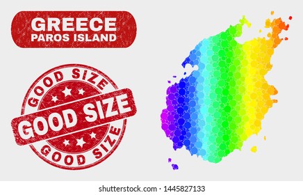 Spectrum dotted Paros Island map and stamps. Red round Good Size distress seal stamp. Gradiented rainbow colored Paros Island map mosaic of scattered spheric dots.