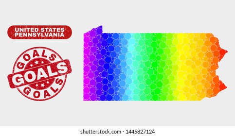 Spectrum dotted Pennsylvania State map and seal stamps. Red round Goals textured watermark. Gradient spectrum Pennsylvania State map mosaic of scattered round elements.