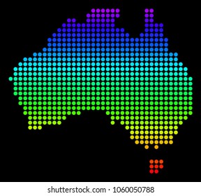 Spectrum dotted pixel Australia Map. Vector geographic map in bright colors on a black background. Color vector mosaic of Australia Map composed of small circles.