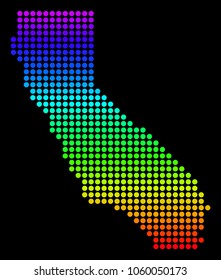 Spectrum dotted pixel California Map. Vector geographic map in bright colors on a black background. Colored vector collage of California Map designed of circle dots.