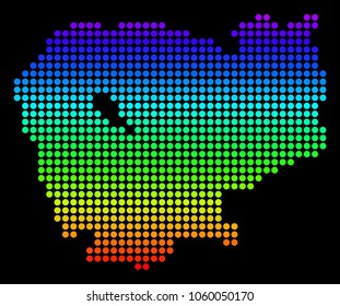 Spectrum dotted pixel Cambodia Map. Vector geographic map in bright colors on a black background. Color vector concept of Cambodia Map organized of small circles.