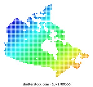 Spectrum dotted pixel Canada Map. Vector geographic map in bright colors on a white background. Spectrum has diagonal gradient. Multicolored vector mosaic of Canada Map organized of square dots.