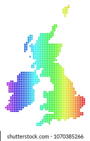 Spectrum dotted pixel Great Britain And Ireland Map. Vector geographic map in bright colors on a white background. Spectrum has horizontal gradient.