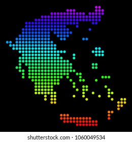 Spectrum dotted pixel Greece Map. Vector geographic map in bright colors on a black background. Multicolored vector concept of Greece Map combined of dot elements.