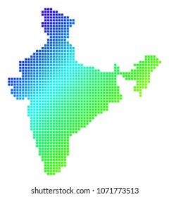 Spectrum dotted pixel India Map. Vector geographic map in bright colors on a white background. Spectrum has diagonal gradient. Multicolored vector composition of India Map created of small squares.