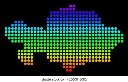 Spectrum dotted pixel Kazakhstan Map. Vector geographic map in bright colors on a black background. Colored vector pattern of Kazakhstan Map made of circle elements.