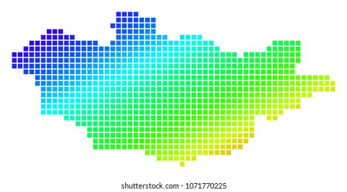 Spectrum dotted pixel Mongolia Map. Vector geographic map in bright colors on a white background. Spectrum has diagonal gradient.