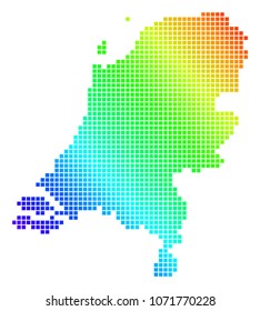 Spectrum dotted pixel Netherlands Map. Vector geographic map in bright colors on a white background. Spectrum has diagonal gradient.
