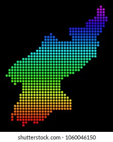 Spectrum dotted pixel North Korea Map. Vector geographic map in bright colors on a black background. Color vector mosaic of North Korea Map combined of small circles.