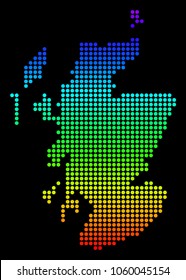 Spectrum dotted pixel Scotland Map. Vector geographic map in bright colors on a black background. Multicolored vector pattern of Scotland Map done of dot elements.