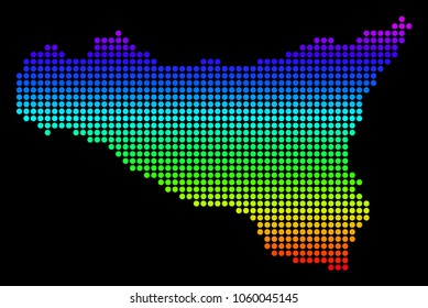 Spectrum dotted pixel Sicilia Map. Vector geographic map in bright colors on a black background. Multicolored vector pattern of Sicilia Map made of dot elements.