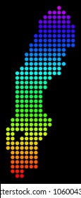 Spectrum dotted pixel Sweden Map. Vector geographic map in bright colors on a black background. Multicolored vector concept of Sweden Map combined of circle elements.