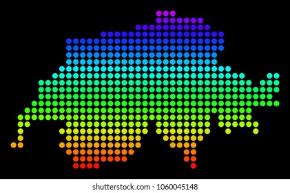 Spectrum dotted pixel Swissland Map. Vector geographic map in bright colors on a black background. Colored vector collage of Swissland Map composed of dot elements.